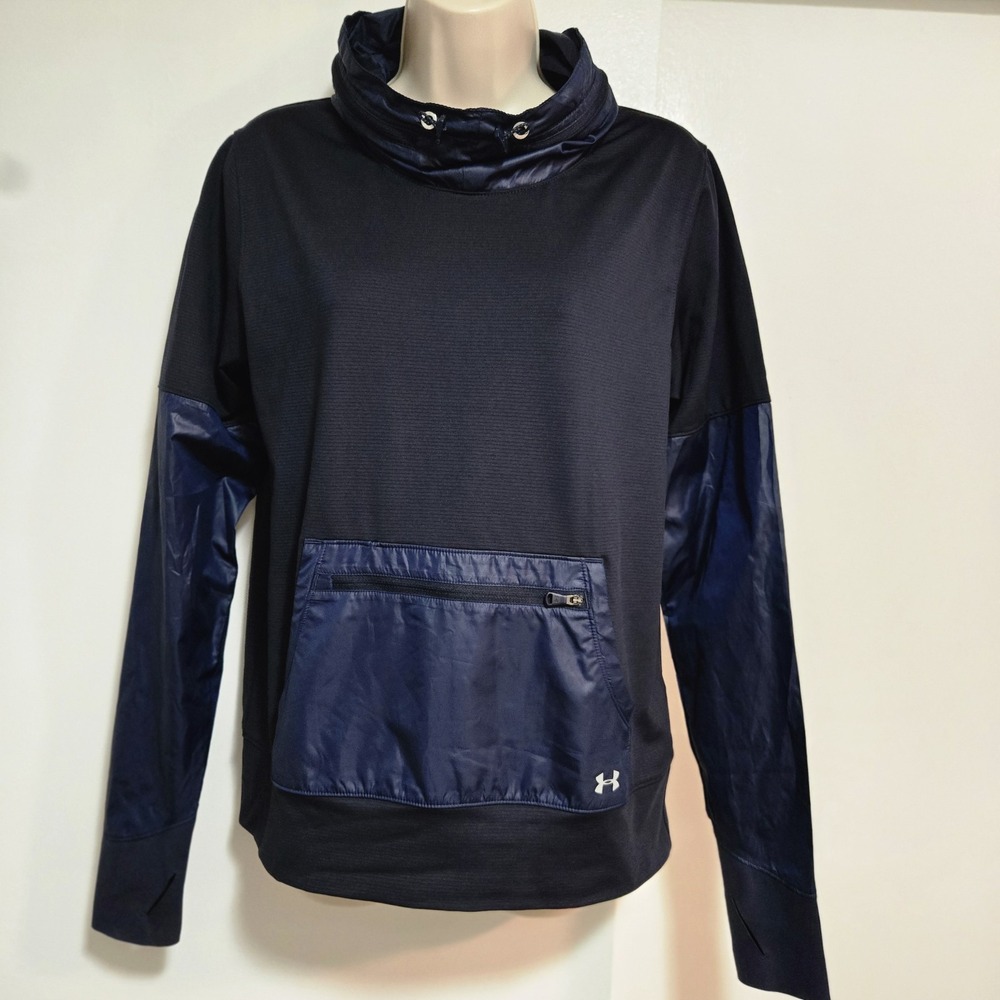Under Armour Cold Gear Size S Navy Blue Zip Stored Hood Pullover Zip Pocket NEW